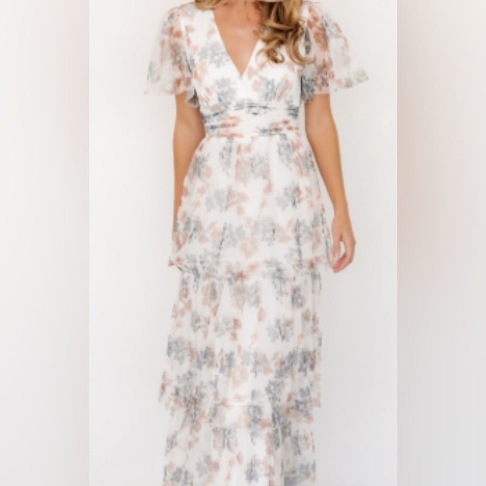 Baltic Born White Maxi Dress with Blush Pink and Slate Floral Print